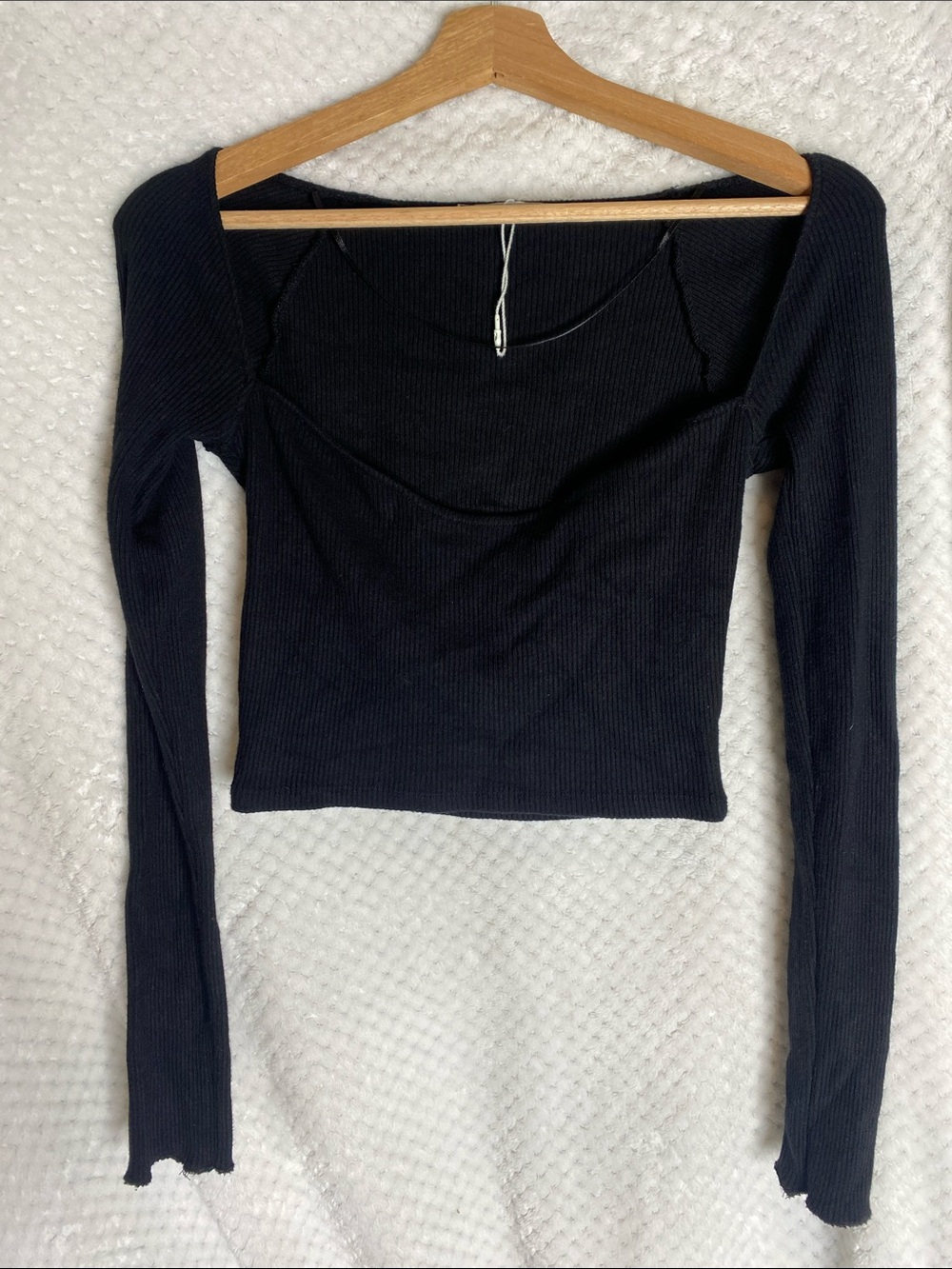 Pull&Bear Black Ribbed Long-Sleeve Square Neck Cropped Top